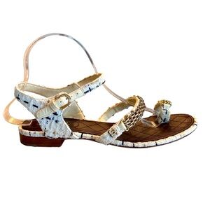 Chanel Multicolor Tweed Gold Chain Faux Pearl Logo Flat Sandals
